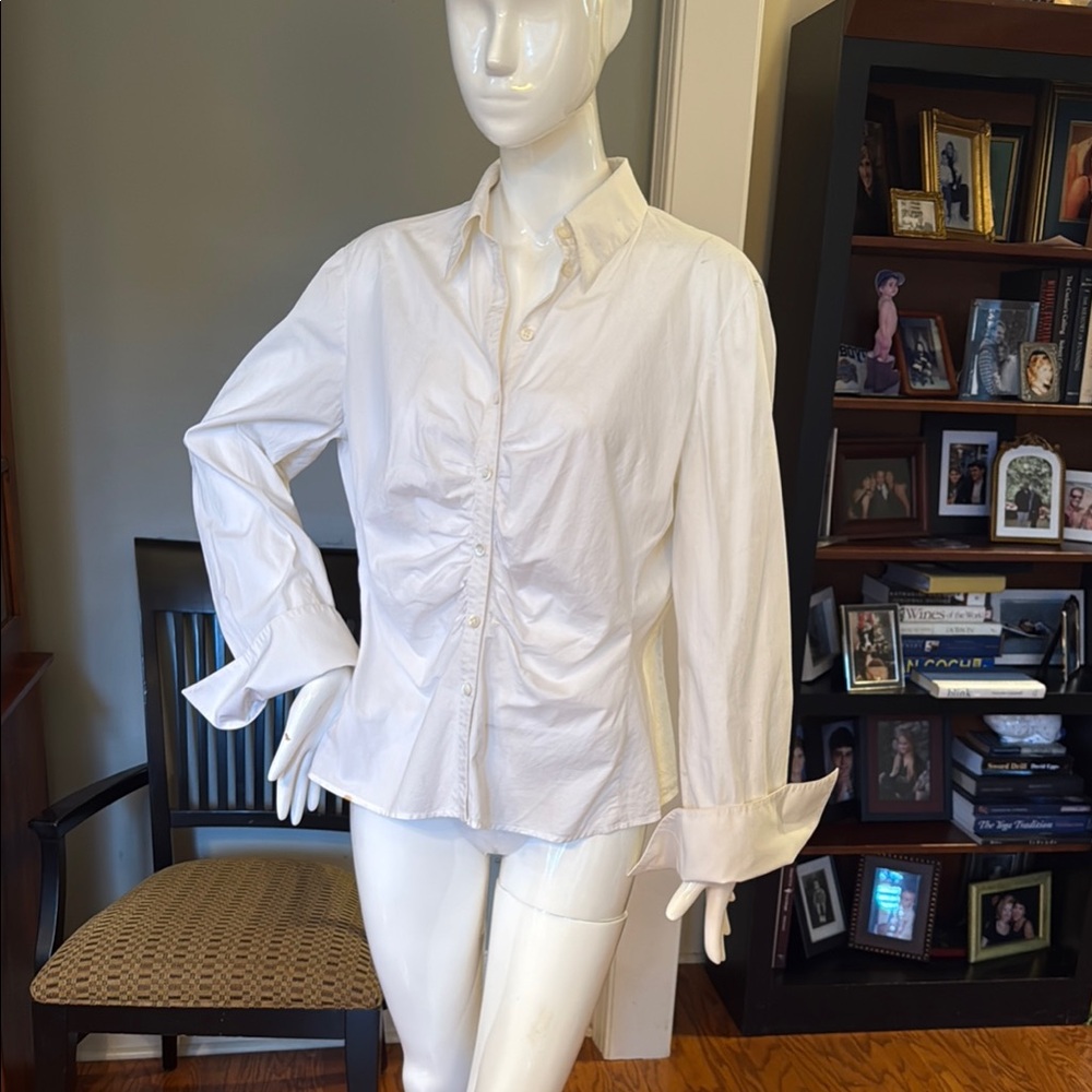 Armani Collezioni White Cotton/Elastan Ruched French Cuff Blouse